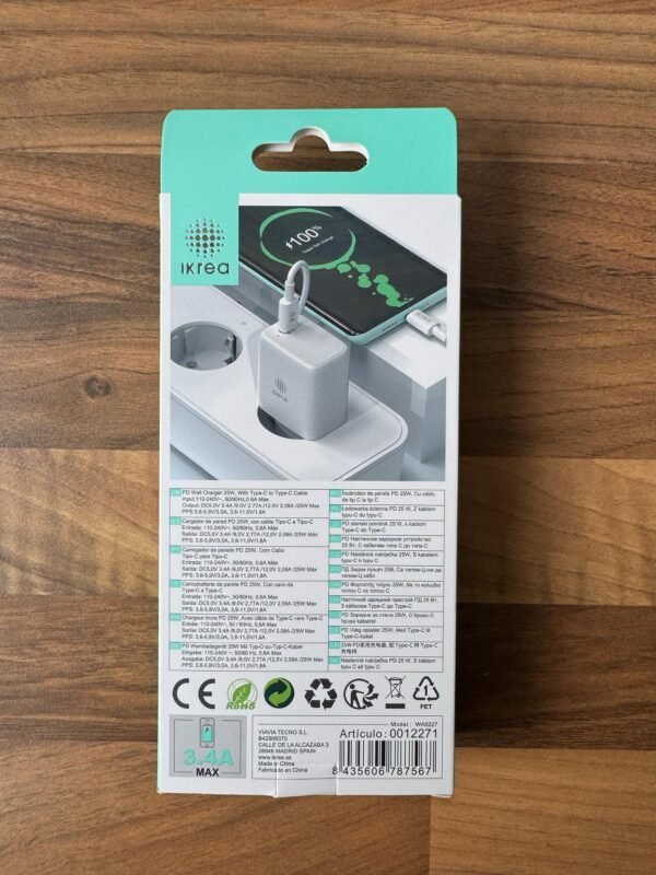 Cargador de Pared IKrea 25W con Cable Tipo-C a Tipo-C – Carga Rápida PD