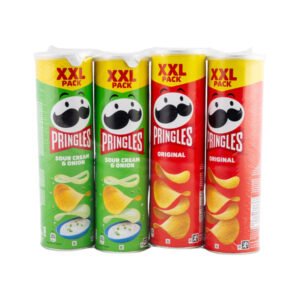 Pringles Patatas Fritas Sabor Crema Agria y Cebolla y Original, 4 x 185 g